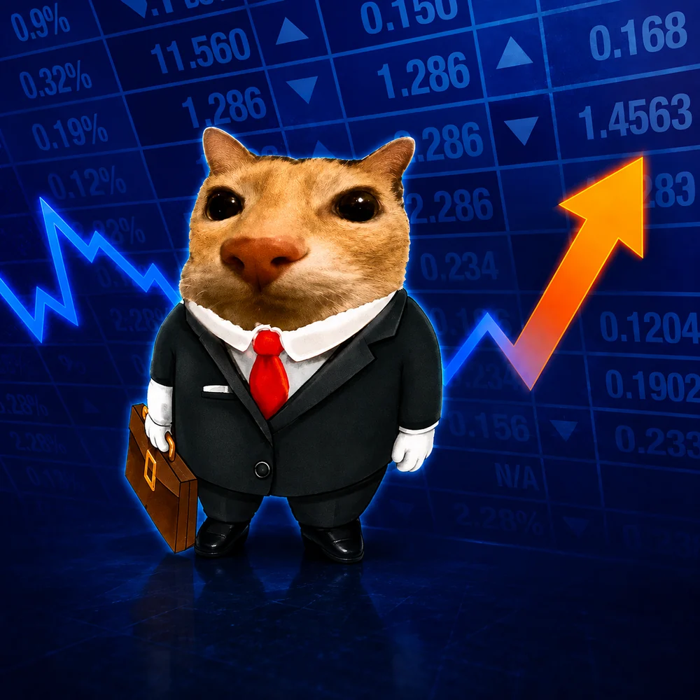 Market Cat, a cat in a black suit and red tie holding a briefcase, standing in front of a rising chart